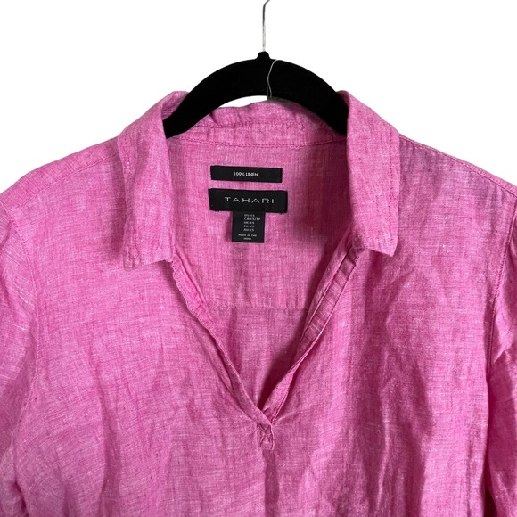 Tahari 3/4 Sleeve Split V-neck Blouse Linen Pink Size XS - Picture 2 of 5